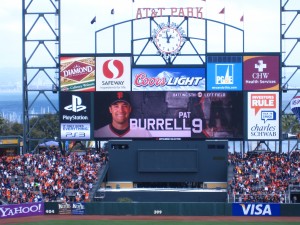 SF Giants scoreboard in center field with Pat Burrell on the screen. Giants Burrell 300x225 Why I Love Baseball Part 6