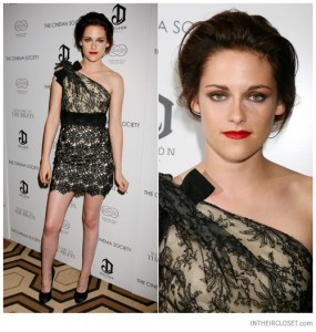 kristen-stewart-valentino-resort-2011-one-shoulder-lace-dress-black-nude kristen stewart valentino resort 2011 one shoulder lace dress black nude 285x300 Lace What to Wear to a Holiday Party